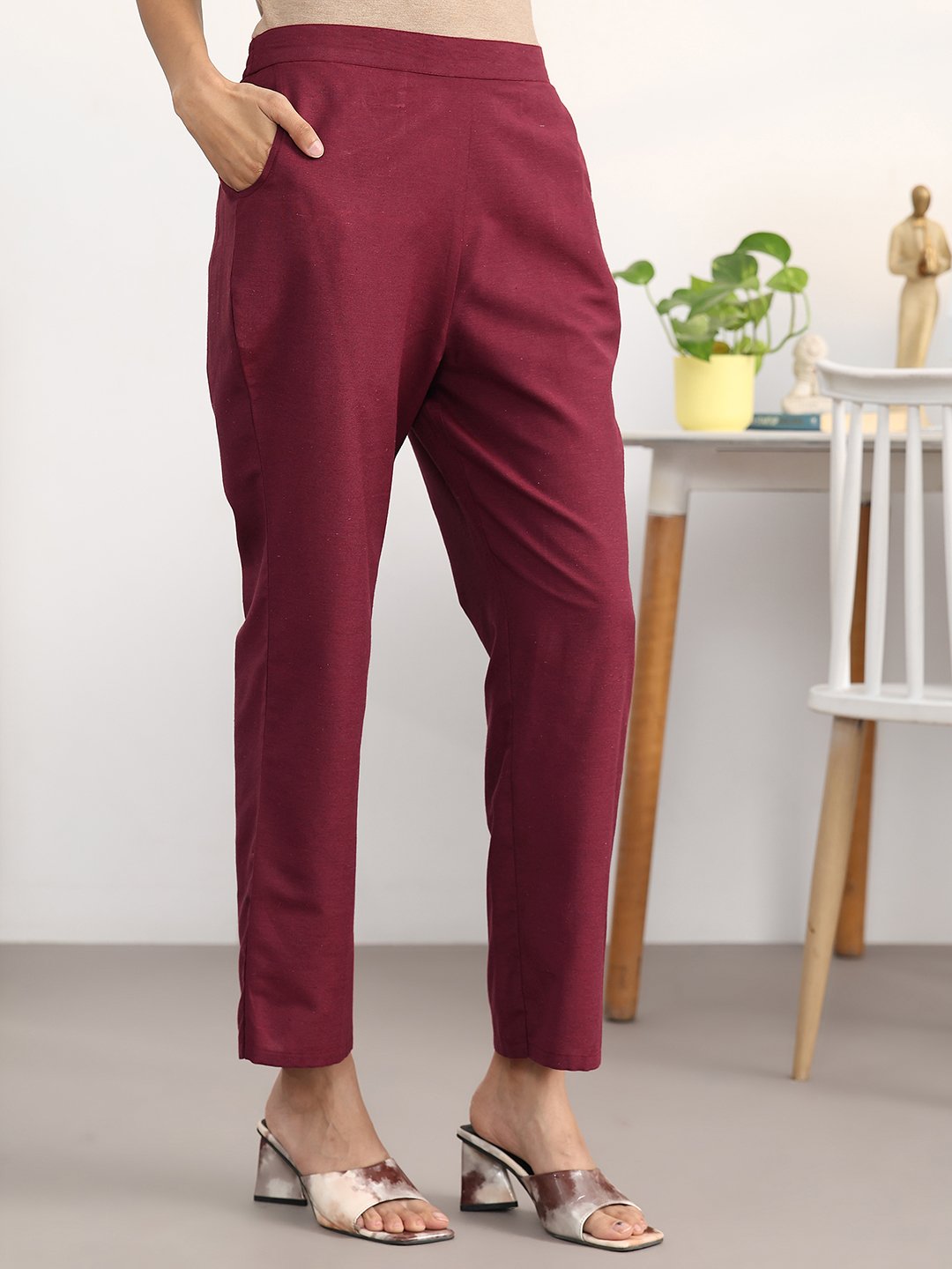 Maroon Printed Cotton Blend A-Line Kurta with Trousers Set