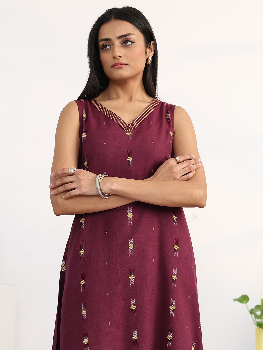 Maroon Printed Cotton Blend A-Line Kurta with Trousers Set