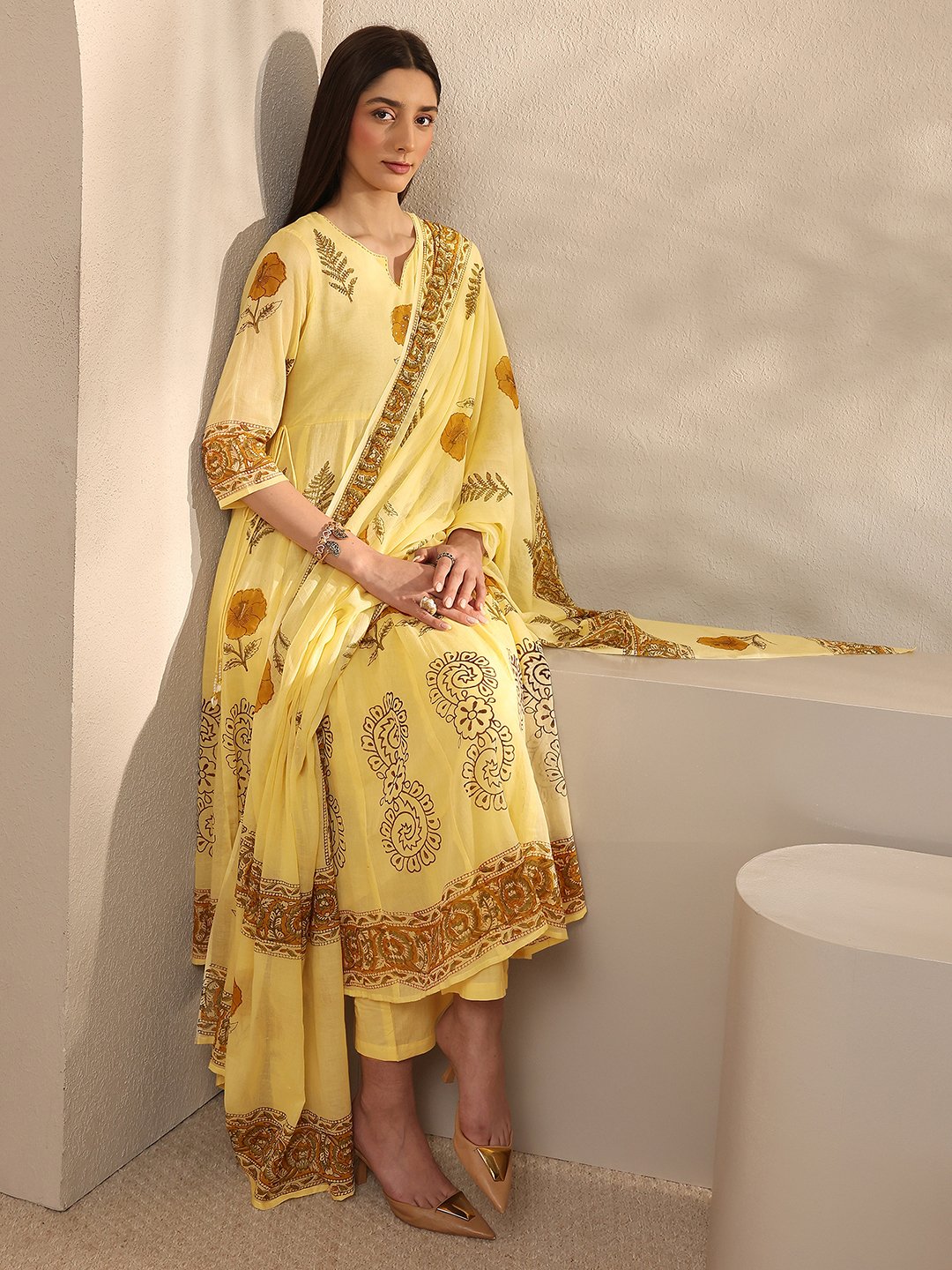 Yellow Printed Cotton Anarkali Kurta with Trousers and Dupatta Set