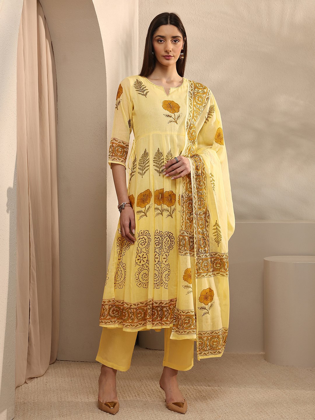 Yellow Printed Cotton Anarkali Kurta with Trousers and Dupatta Set