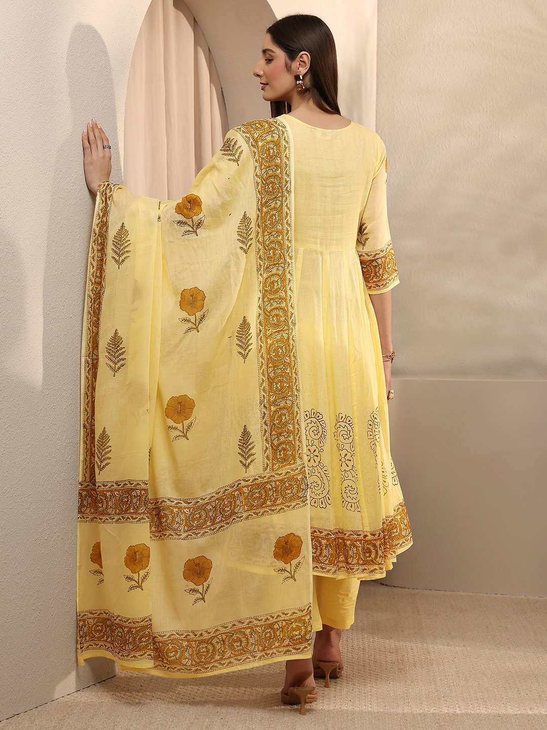 Yellow Printed Cotton Anarkali Kurta with Trousers and Dupatta Set