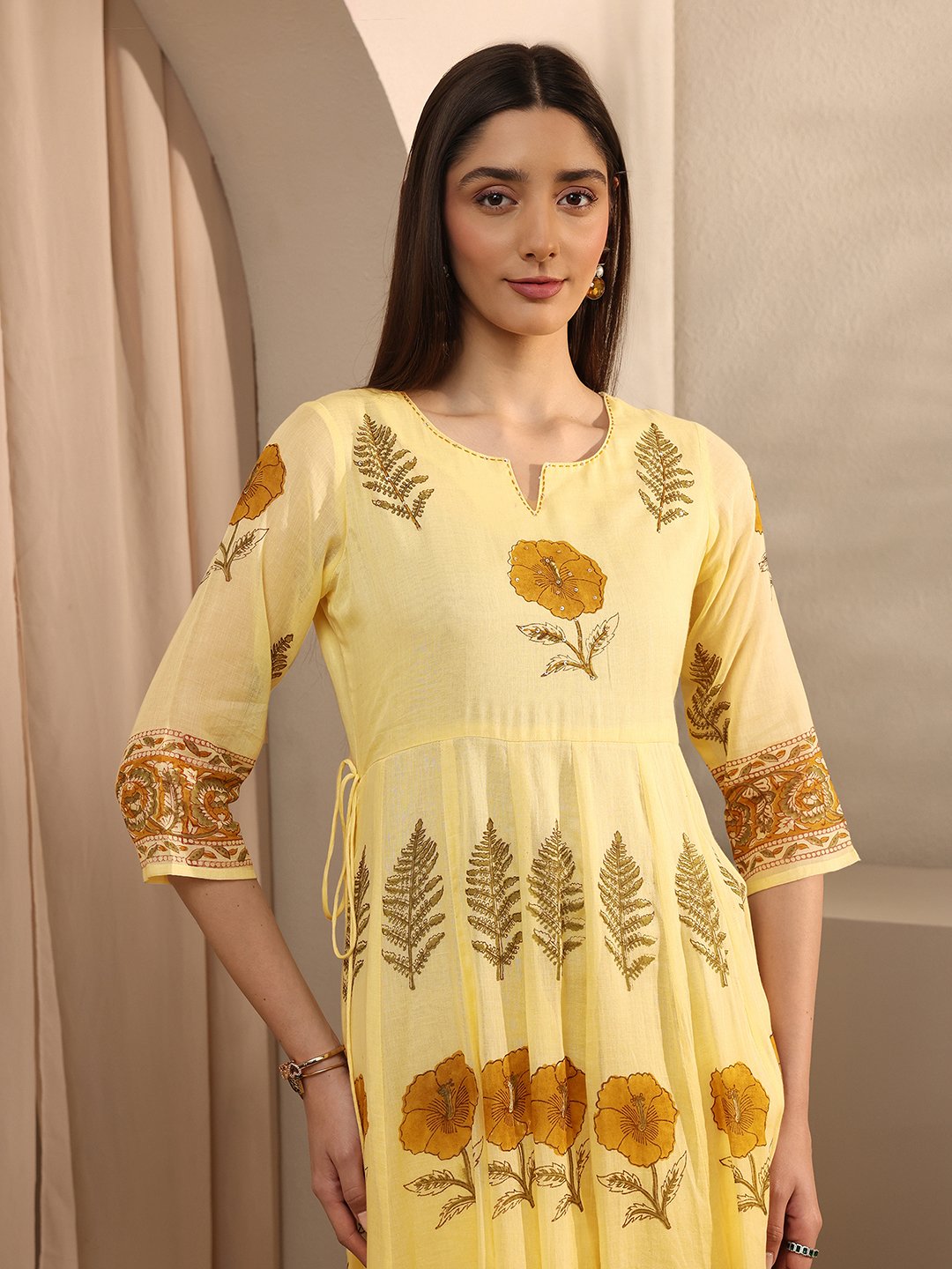Yellow Printed Cotton Anarkali Kurta with Trousers and Dupatta Set