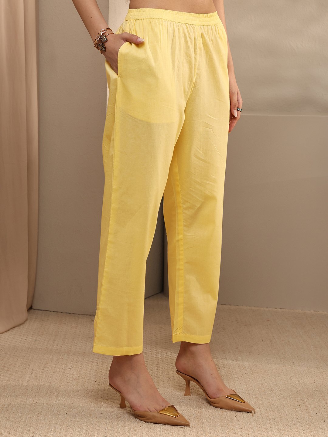 Yellow Printed Cotton Anarkali Kurta with Trousers and Dupatta Set