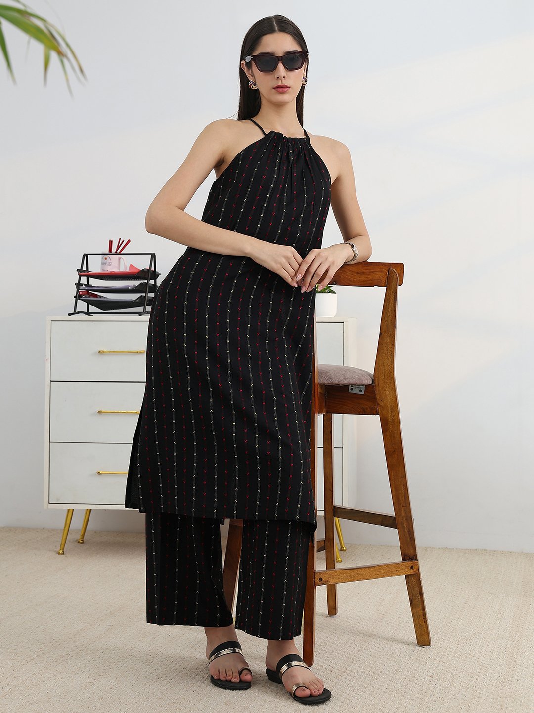 Black Cotton Blend Straight Kurta with Trousers Set