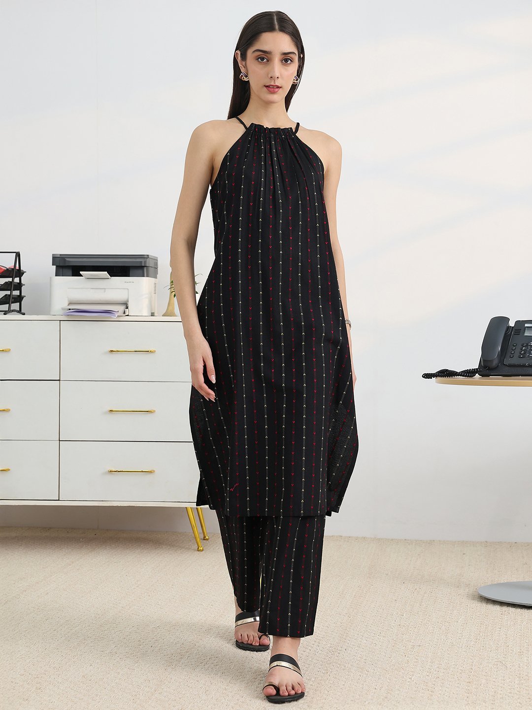 Black Cotton Blend Straight Kurta with Trousers Set