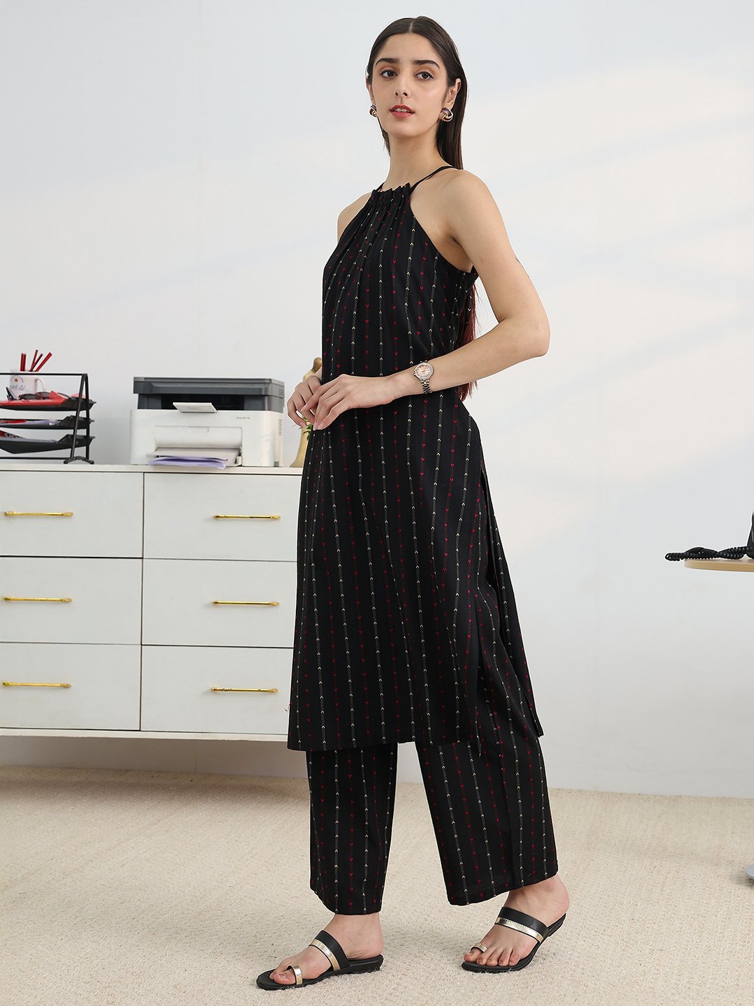 Black Cotton Blend Straight Kurta with Trousers Set