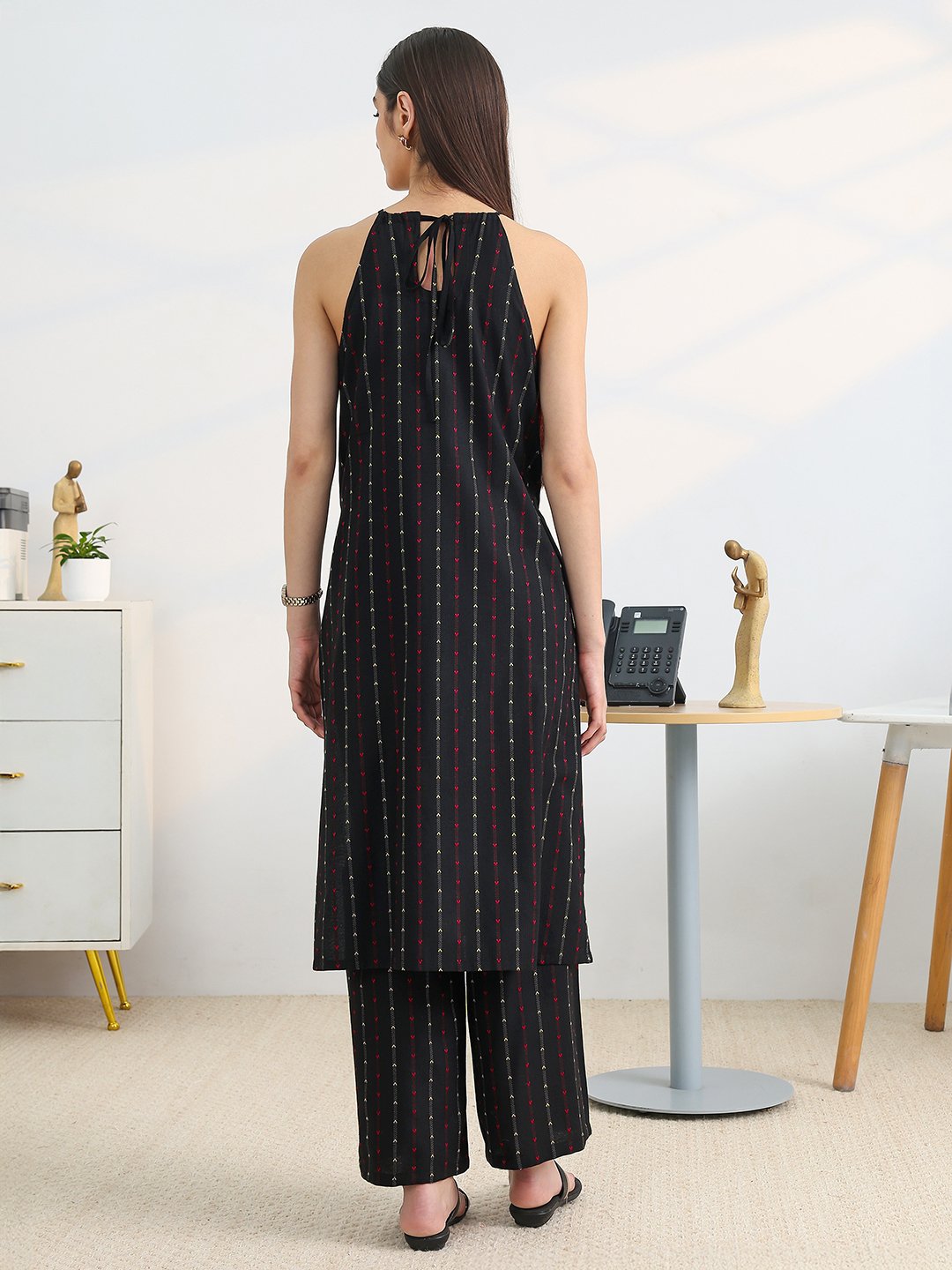 Black Cotton Blend Straight Kurta with Trousers Set