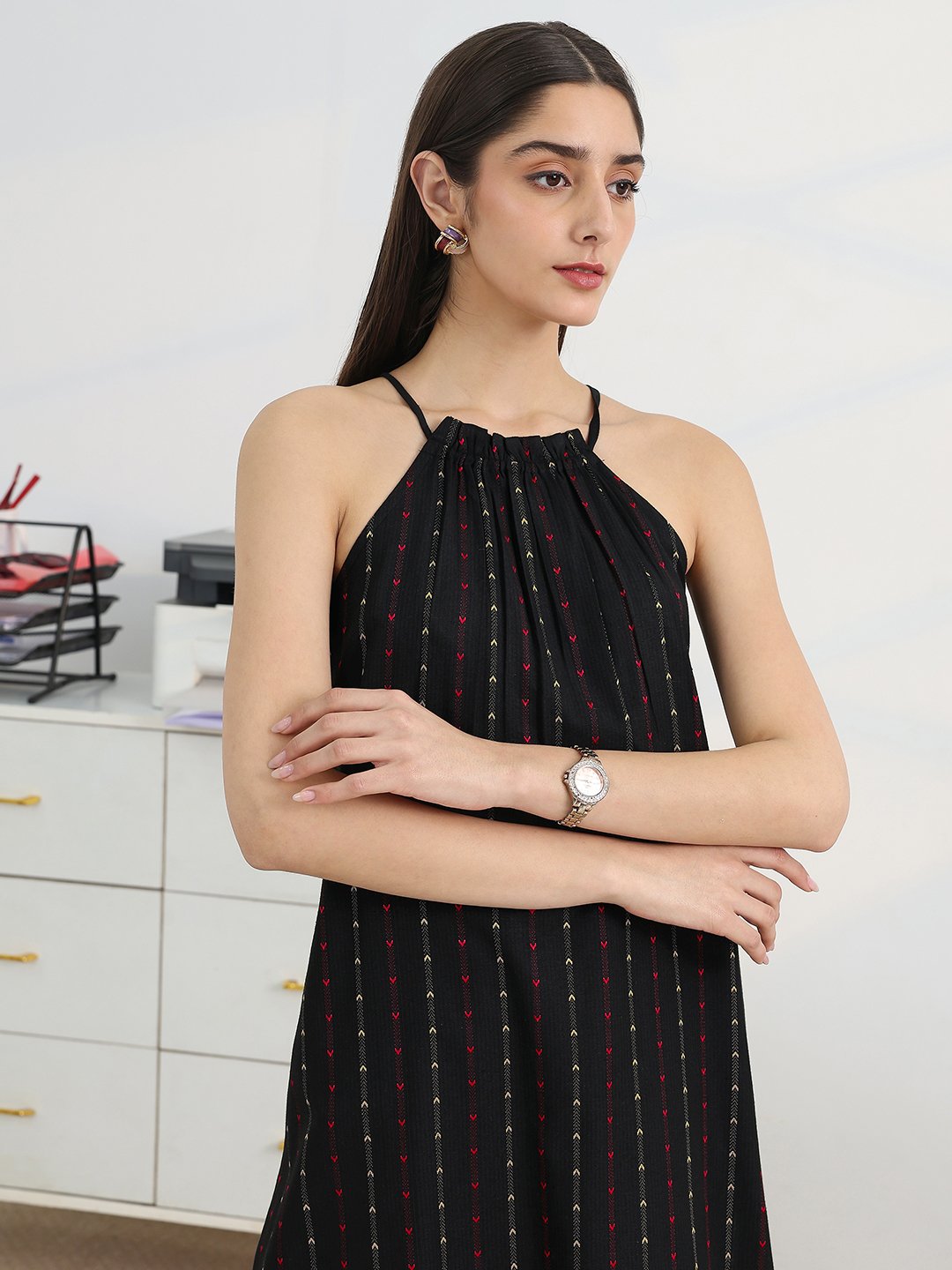 Black Cotton Blend Straight Kurta with Trousers Set