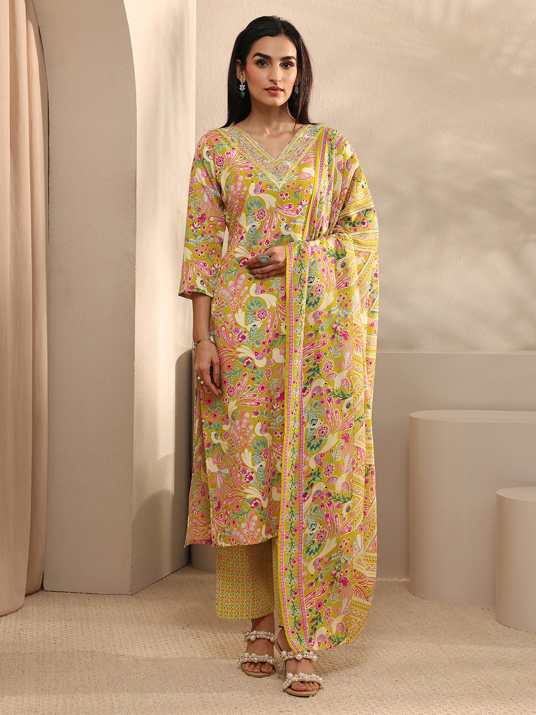 Yellow Printed Cotton Straight Kurta with Trousers and Dupatta Set