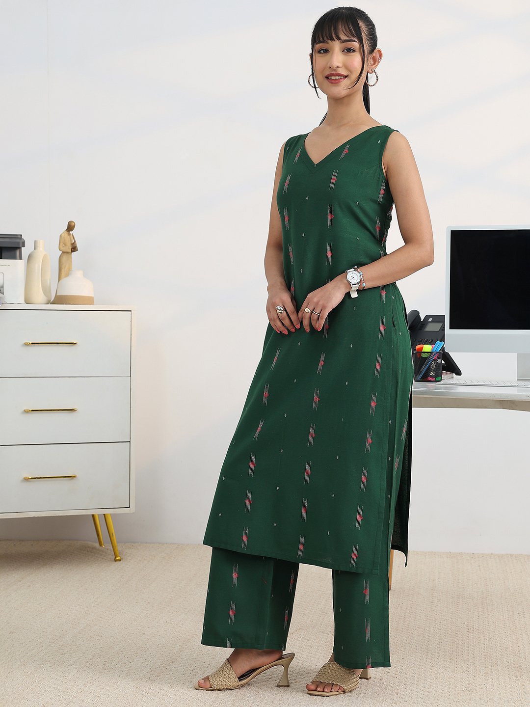 Green Cotton Blend Straight Kurta with Palazzos Set