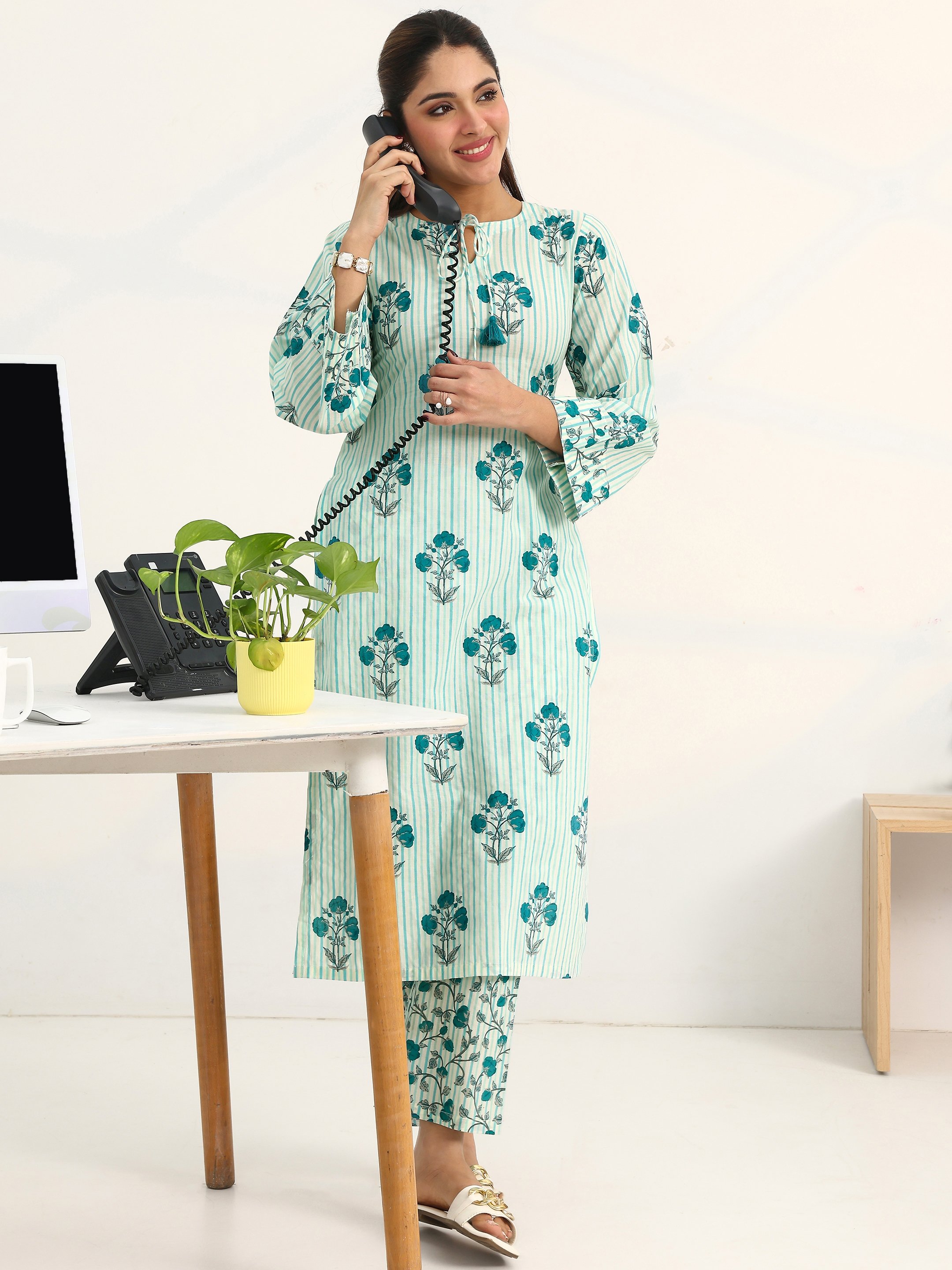 Blue Printed Cotton Blend Straight Kurta with Trousers Set