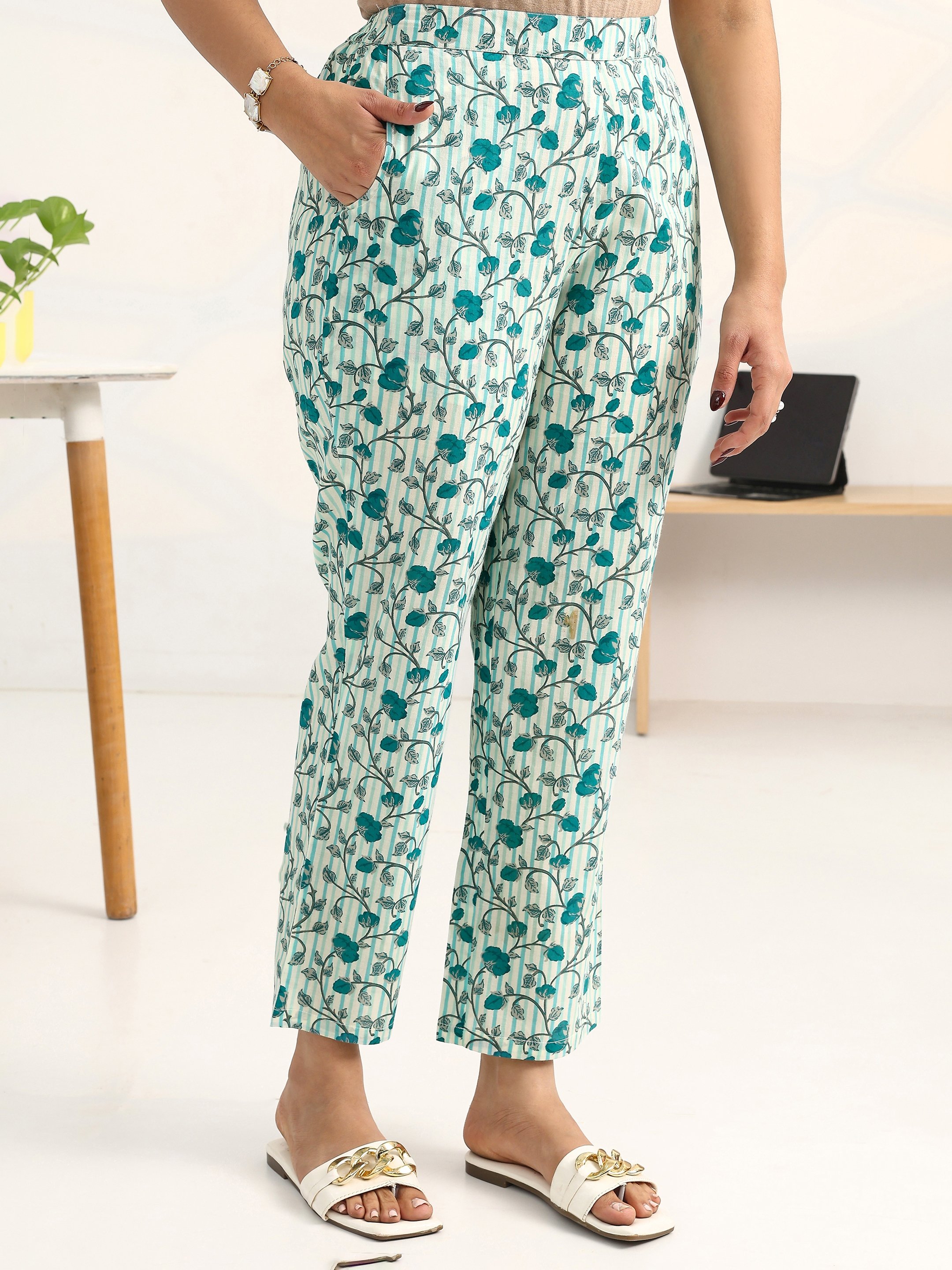 Blue Printed Cotton Blend Straight Kurta with Trousers Set