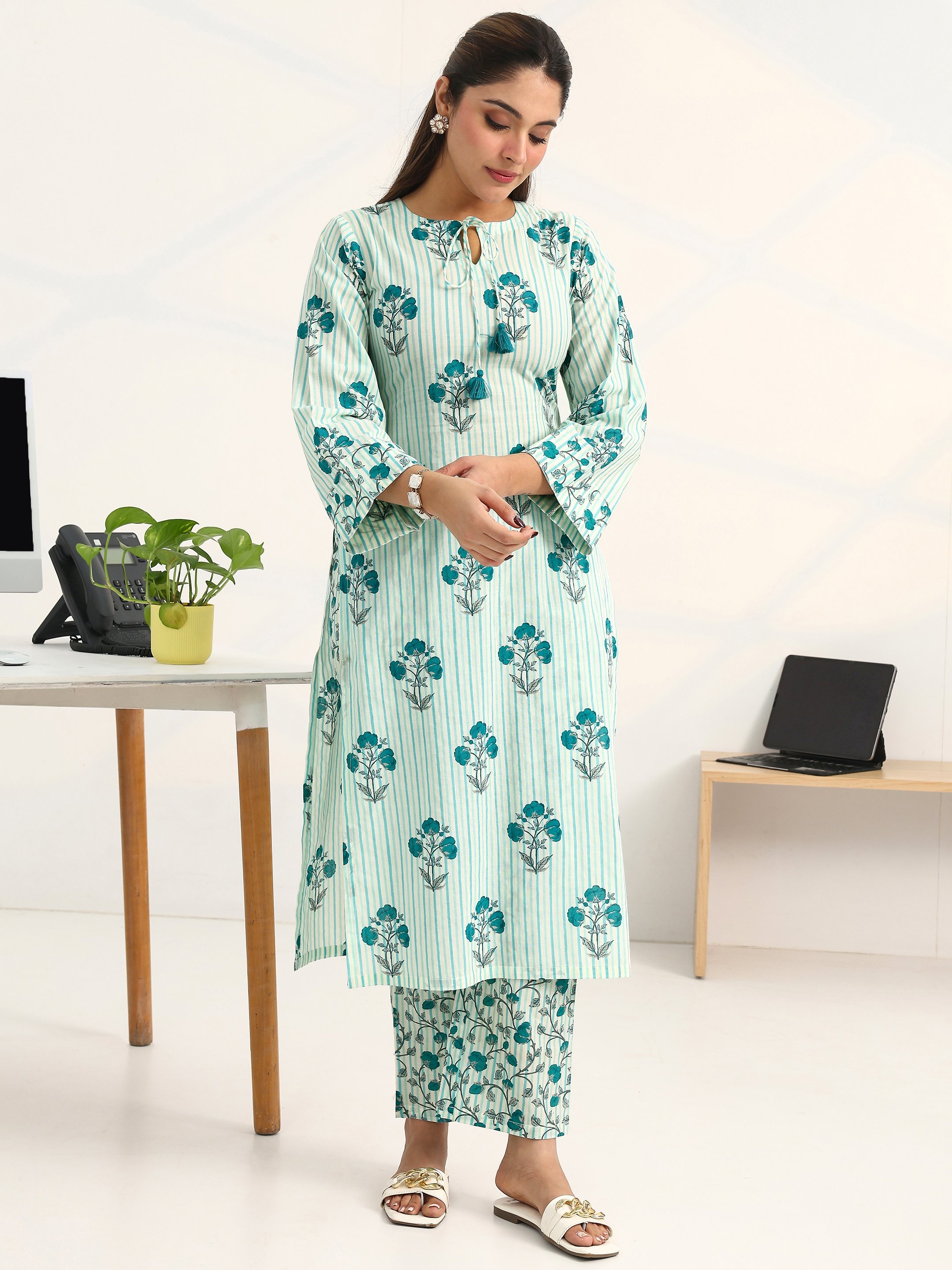 Blue Printed Cotton Blend Straight Kurta with Trousers Set