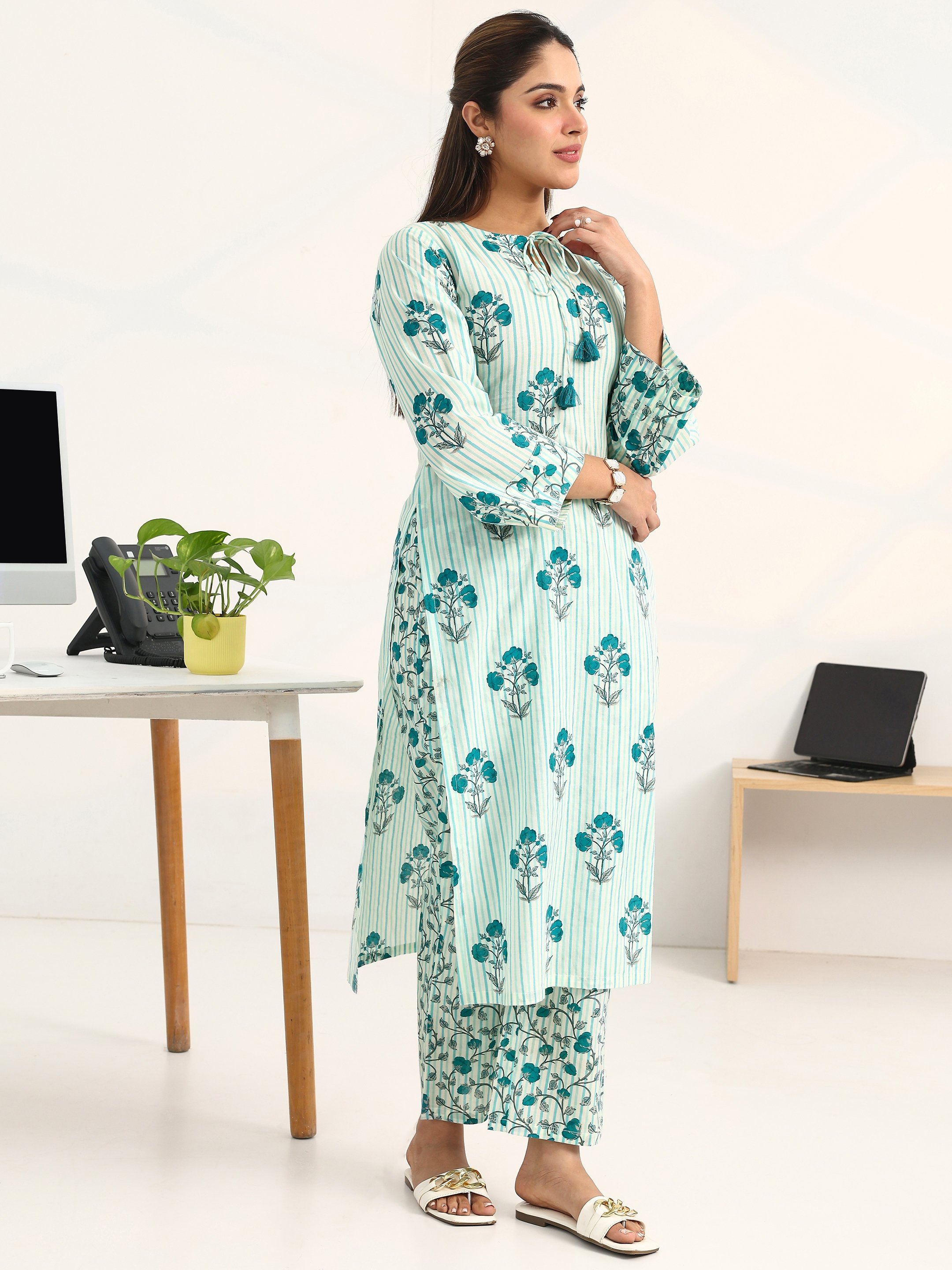 Blue Printed Cotton Blend Straight Kurta with Trousers Set