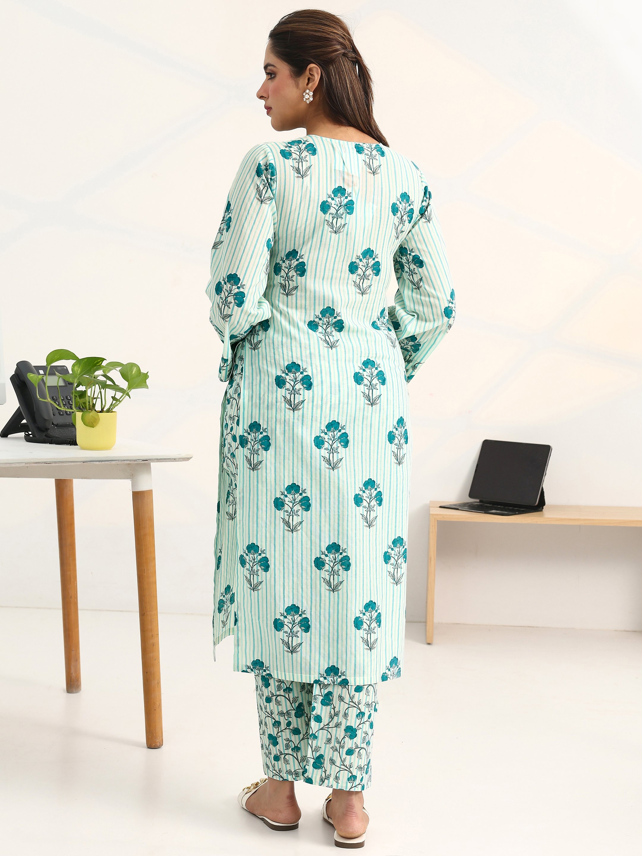 Blue Printed Cotton Blend Straight Kurta with Trousers Set