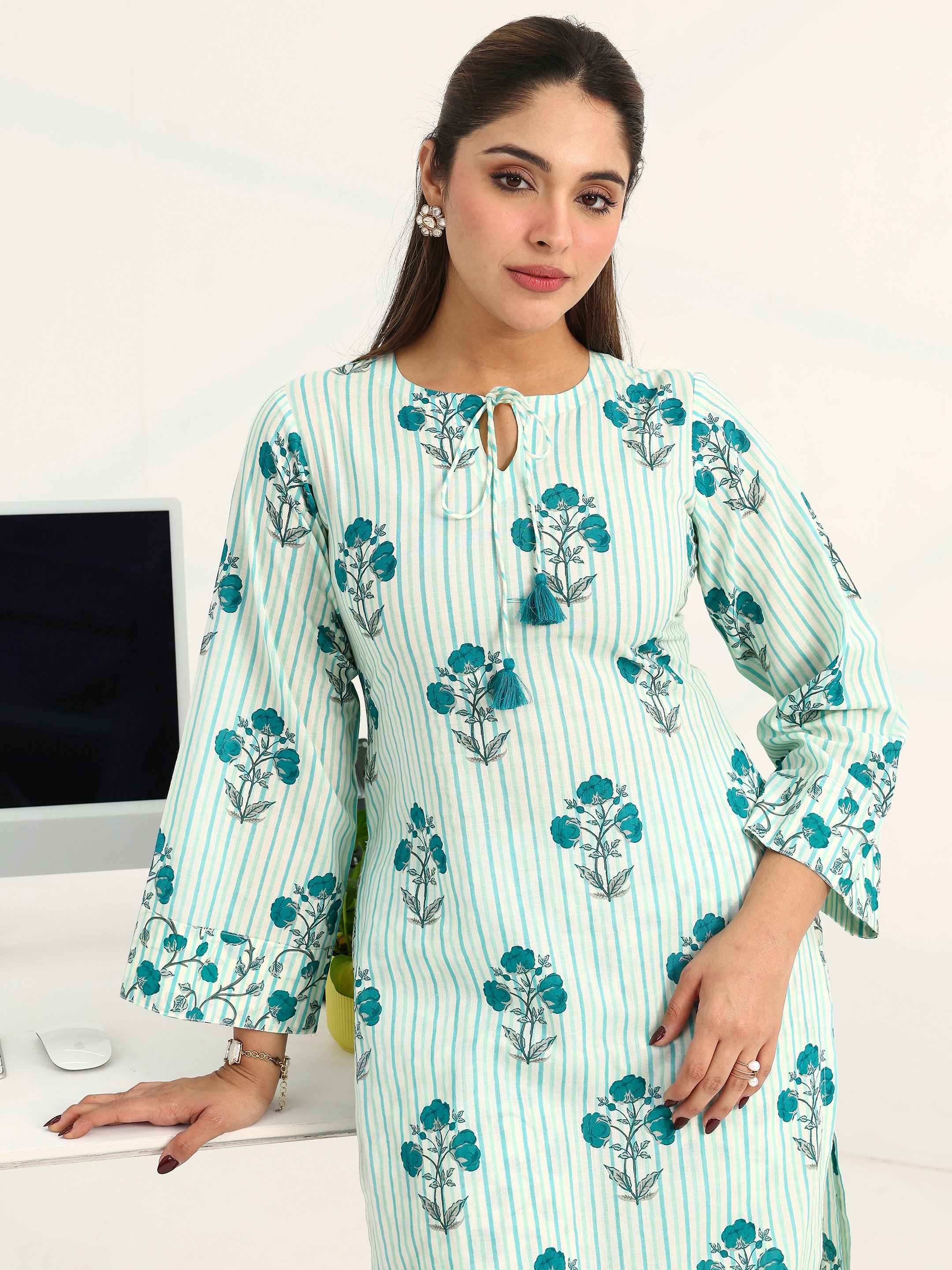Blue Printed Cotton Blend Straight Kurta with Trousers Set