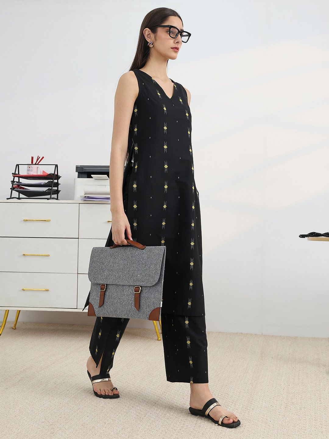 Black Cotton Blend Straight Kurta with Palazzos Set