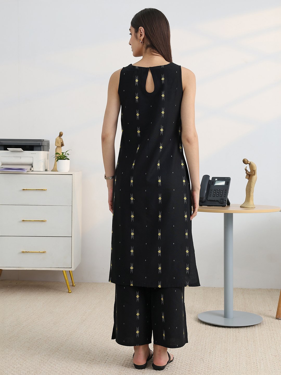 Black Cotton Blend Straight Kurta with Palazzos Set