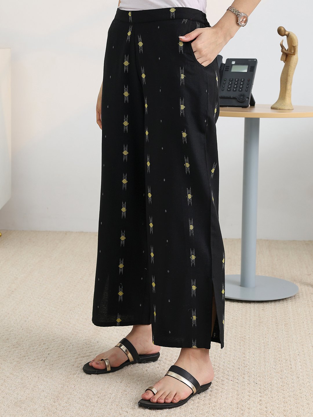 Black Cotton Blend Straight Kurta with Palazzos Set