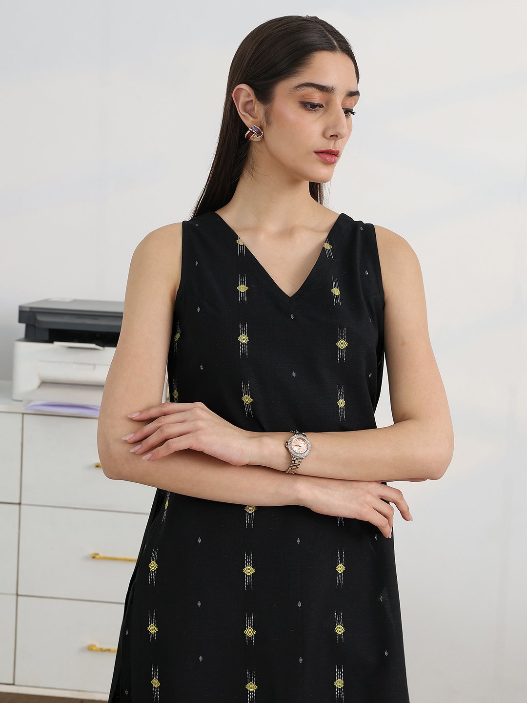 Black Cotton Blend Straight Kurta with Palazzos Set