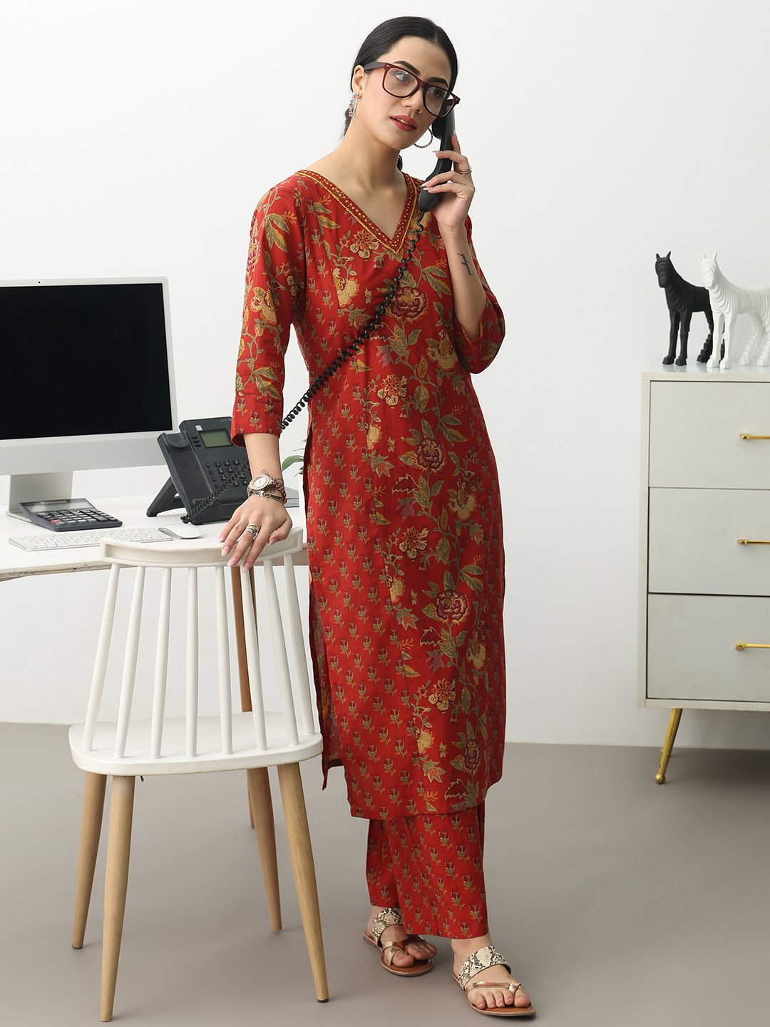 Rust Printed Cotton Blend Straight Kurta with Trousers Set