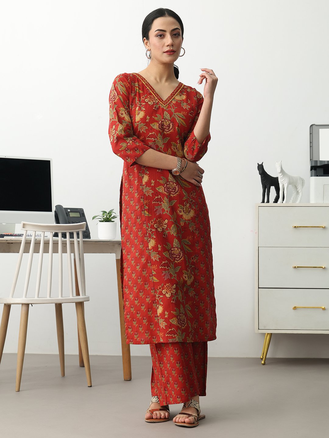 Rust Printed Cotton Blend Straight Kurta with Trousers Set