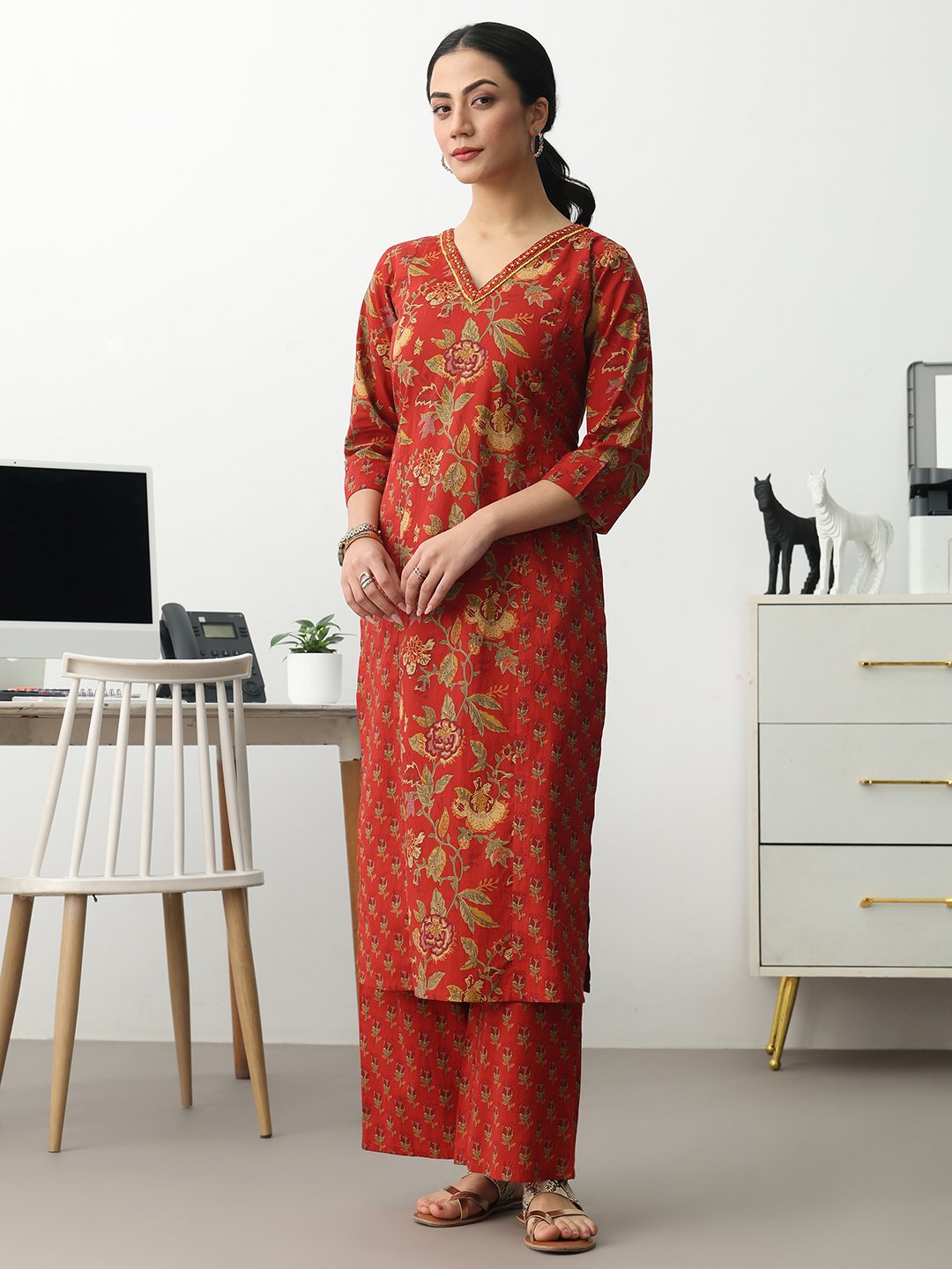 Rust Printed Cotton Blend Straight Kurta with Trousers Set