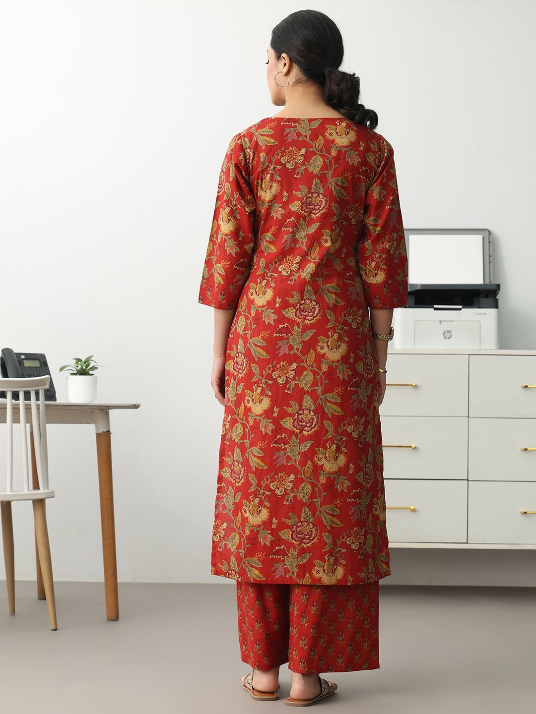 Rust Printed Cotton Blend Straight Kurta with Trousers Set