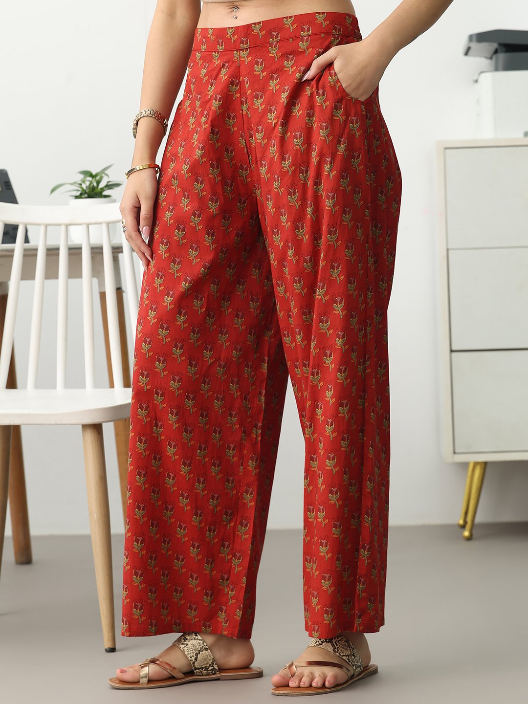 Rust Printed Cotton Blend Straight Kurta with Trousers Set