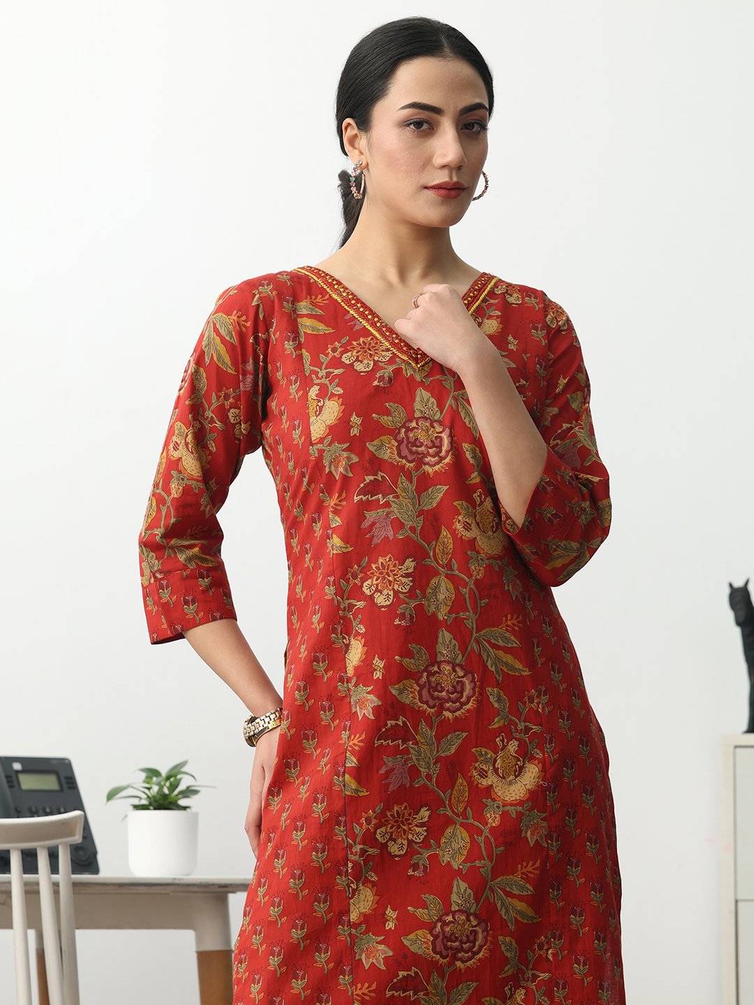 Rust Printed Cotton Blend Straight Kurta with Trousers Set