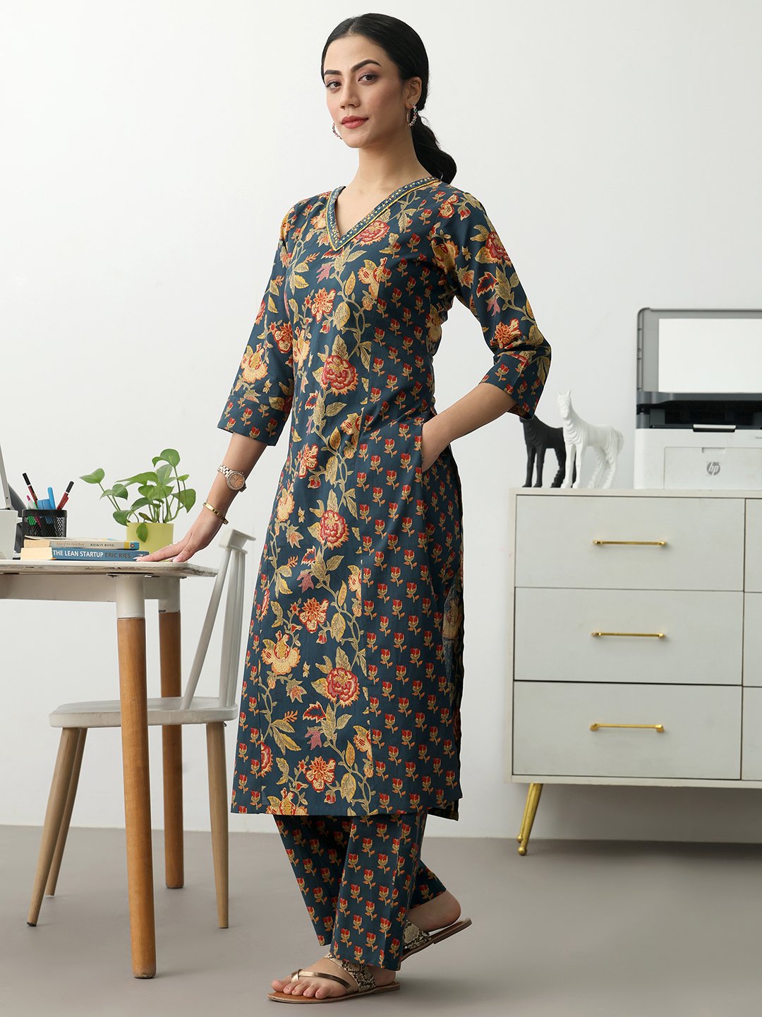 Navy Blue Printed Cotton Blend Straight Kurta with Trousers Set