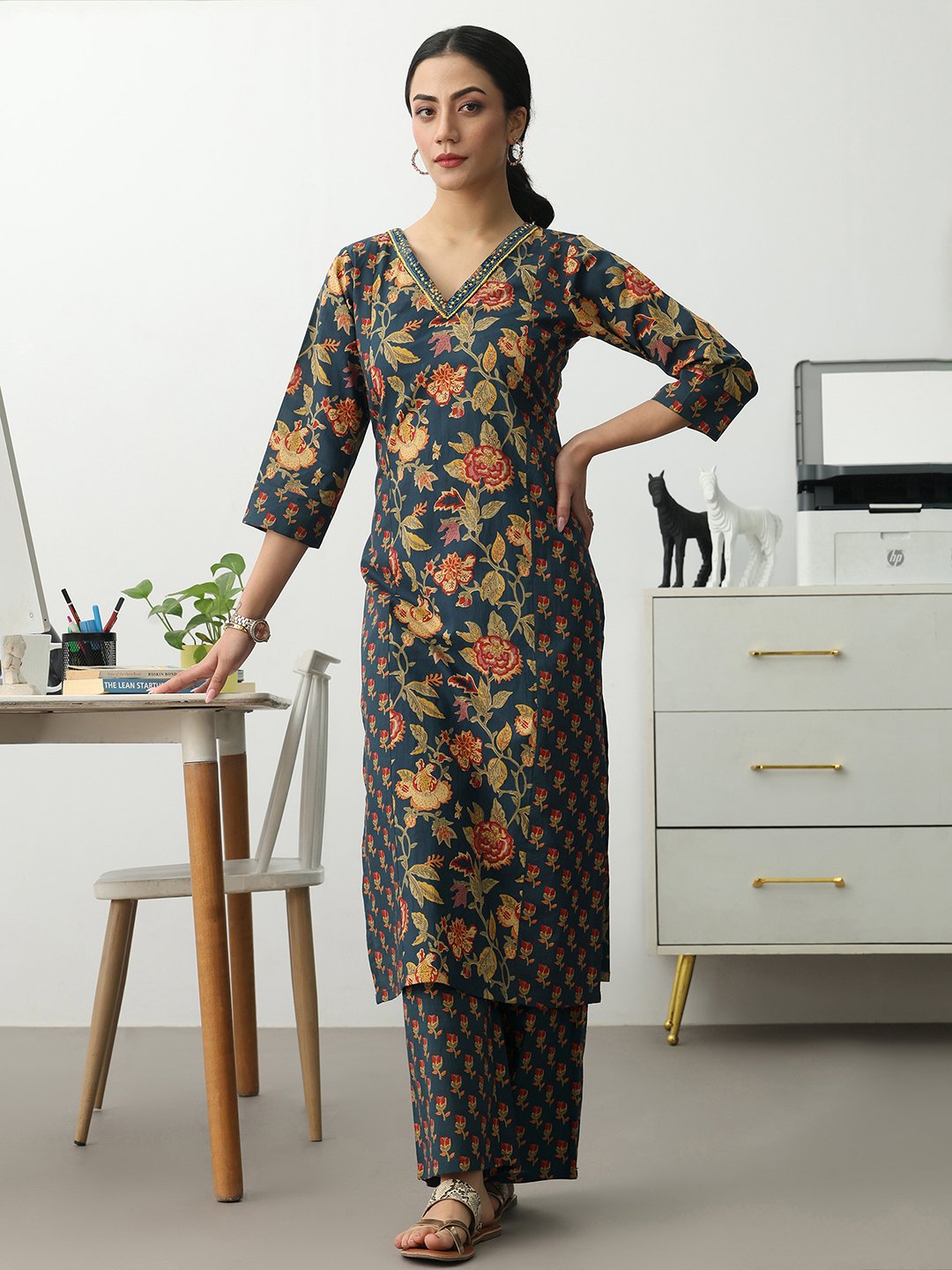Navy Blue Printed Cotton Blend Straight Kurta with Trousers Set