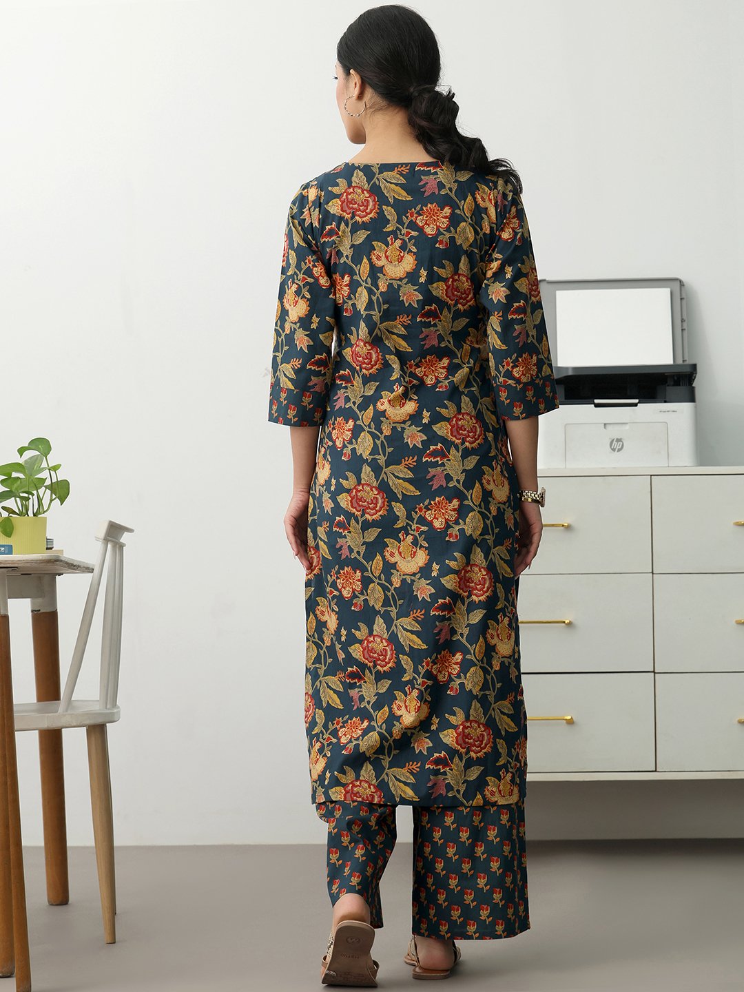 Navy Blue Printed Cotton Blend Straight Kurta with Trousers Set