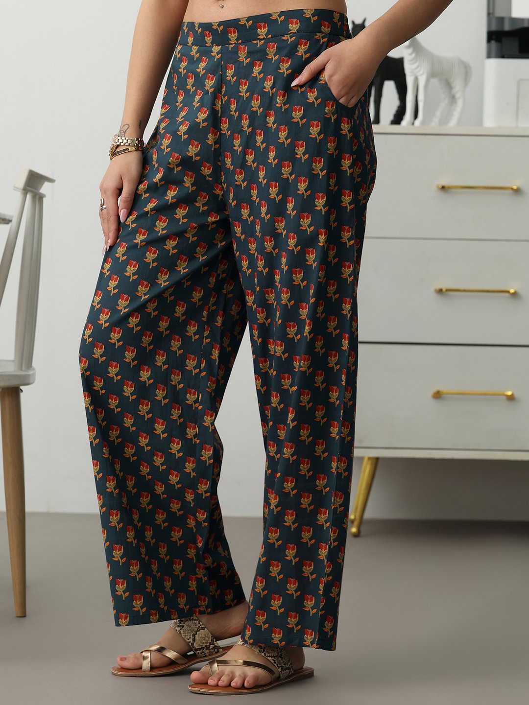 Navy Blue Printed Cotton Blend Straight Kurta with Trousers Set
