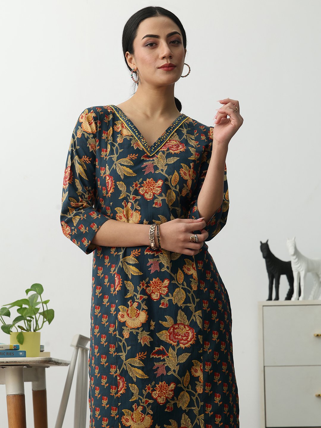 Navy Blue Printed Cotton Blend Straight Kurta with Trousers Set