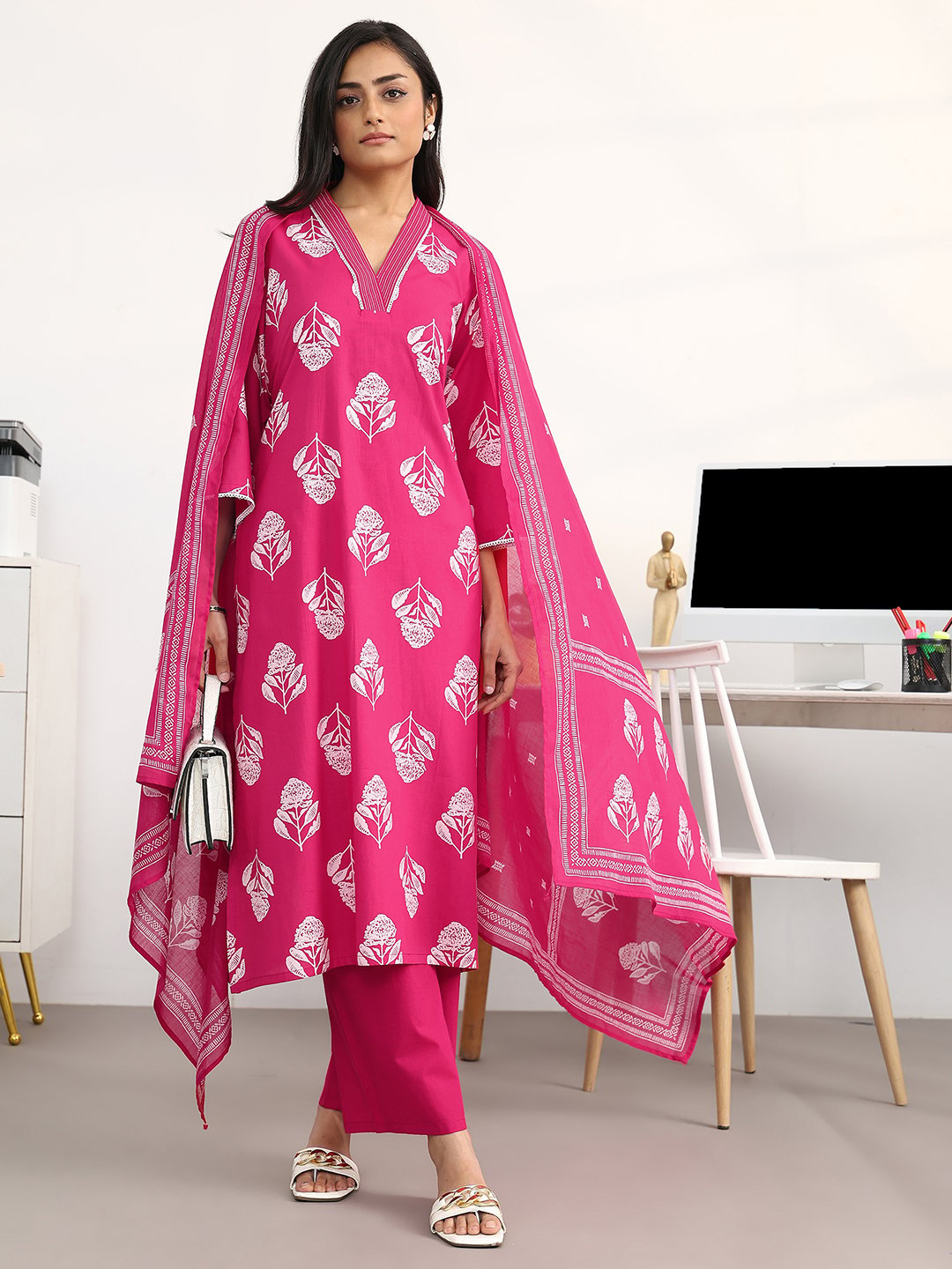 Pink Printed Cotton Blend Straight Kurta with Palazzos and Dupatta Set