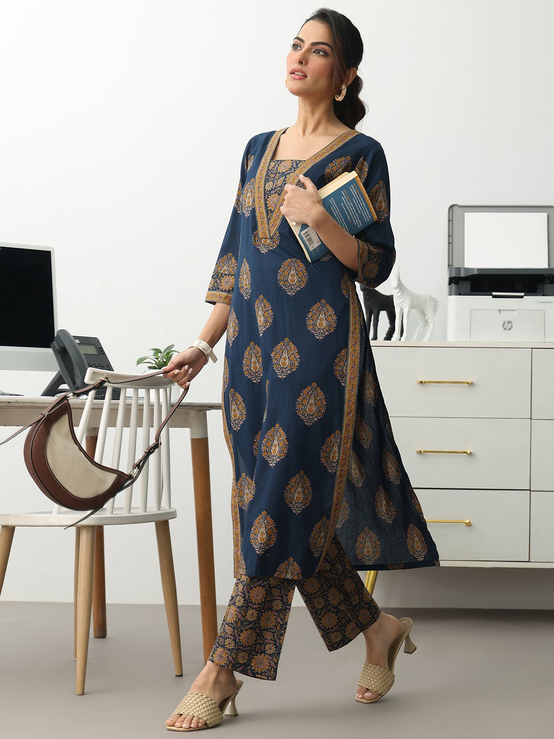 Blue Printed Cotton Blend Straight Kurta with Trousers Set