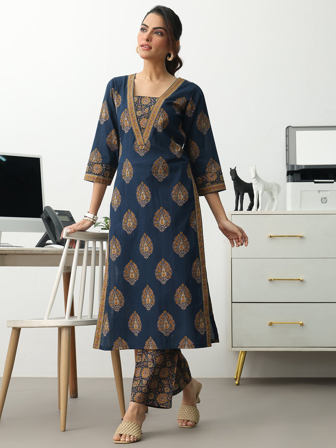 Blue Printed Cotton Blend Straight Kurta with Trousers Set