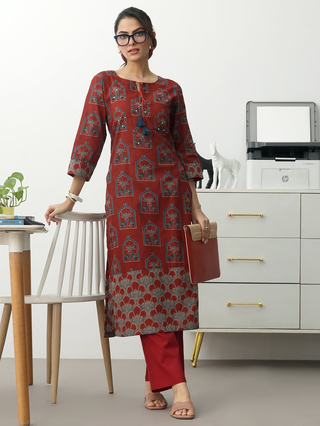 Rust Printed Cotton Blend Straight Kurta with Trousers Set
