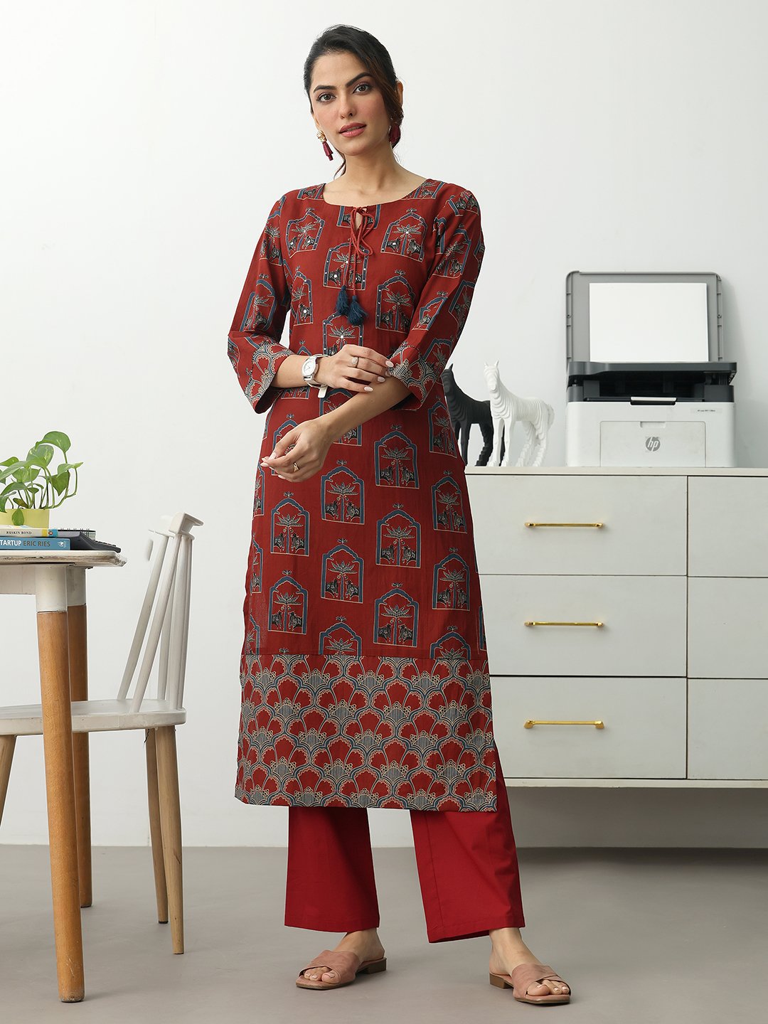 Rust Printed Cotton Blend Straight Kurta with Trousers Set