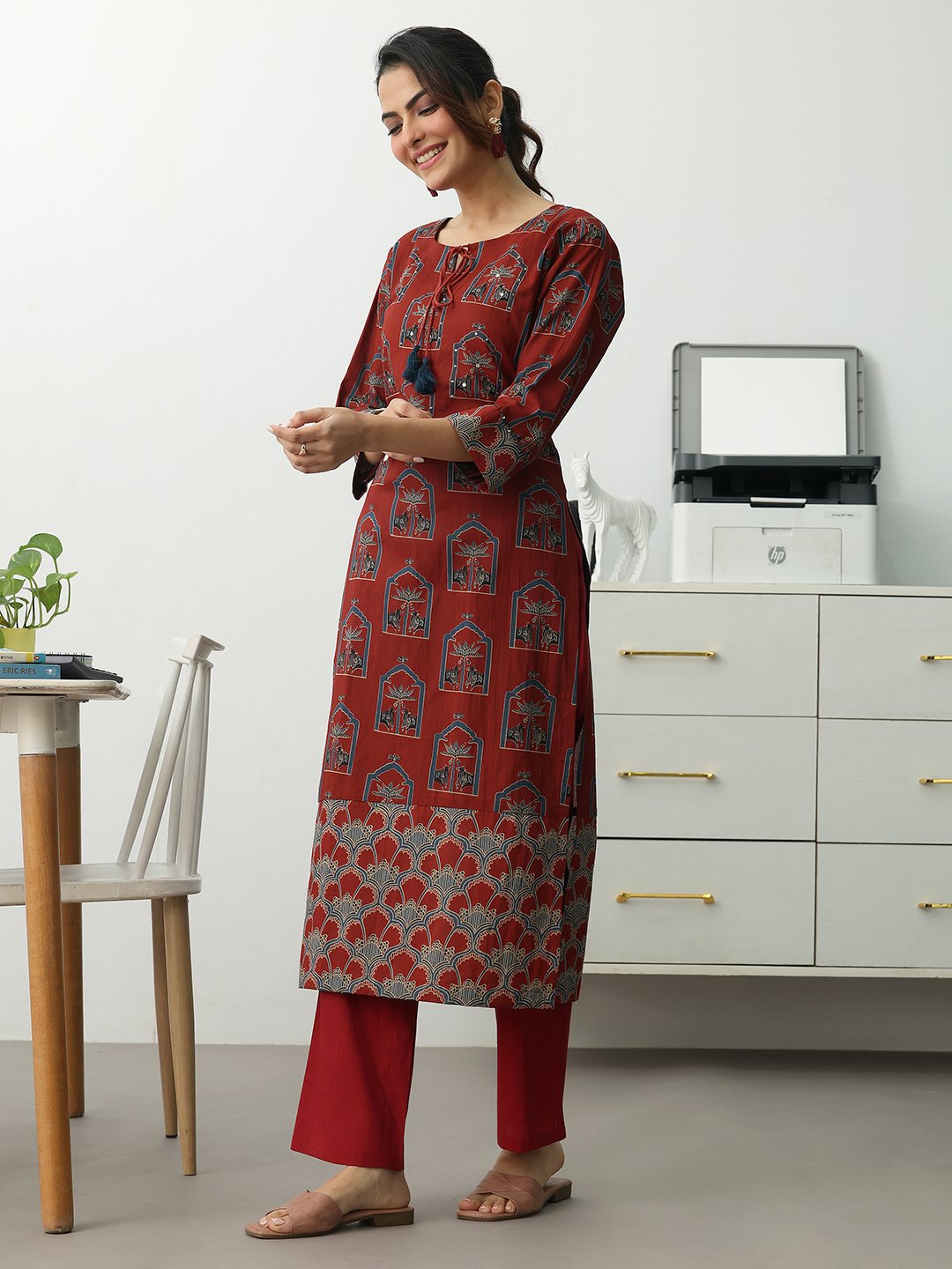 Rust Printed Cotton Blend Straight Kurta with Trousers Set