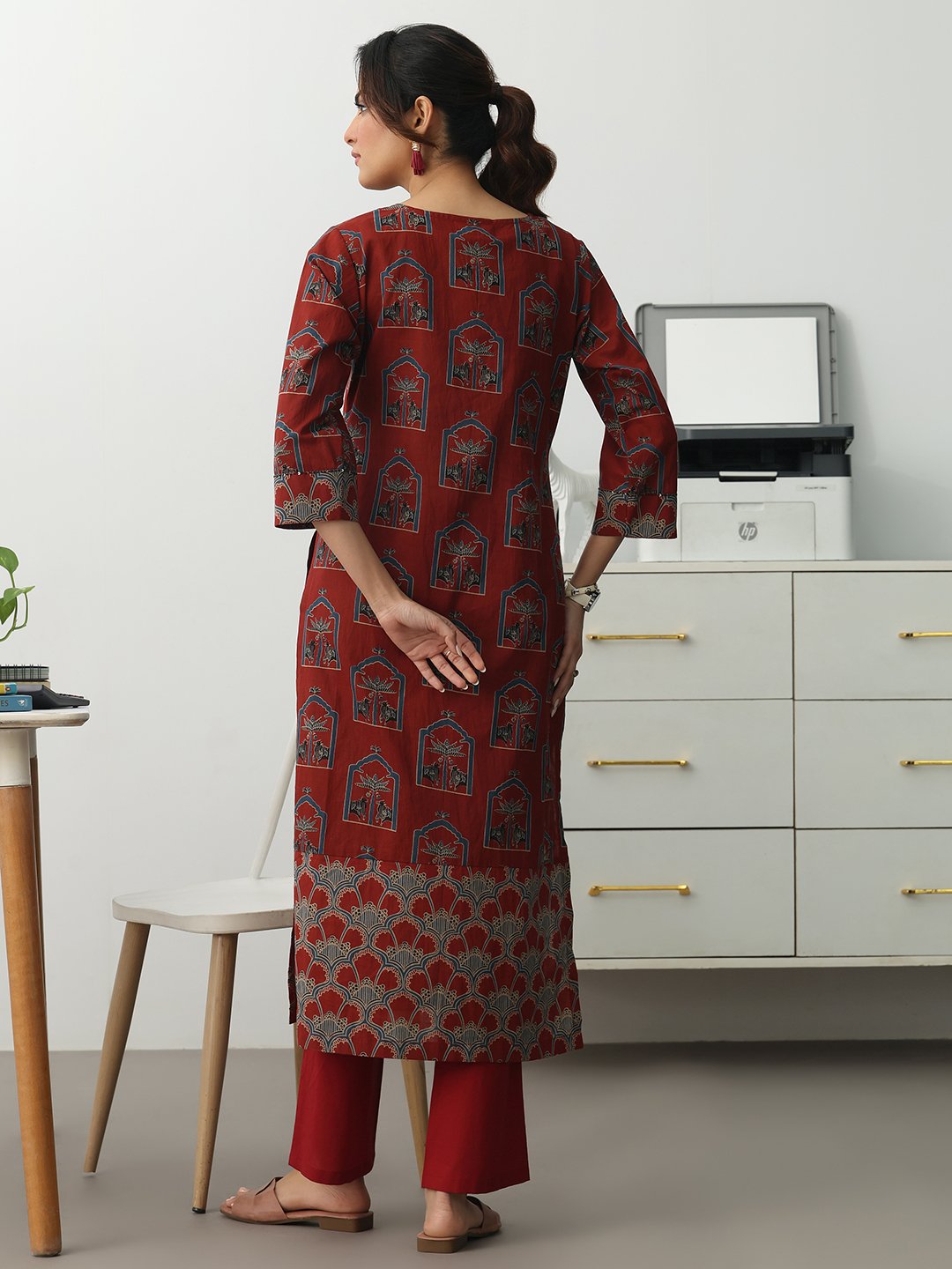 Rust Printed Cotton Blend Straight Kurta with Trousers Set