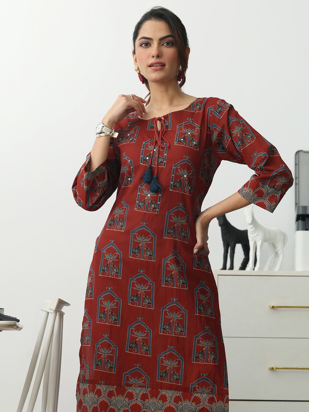 Rust Printed Cotton Blend Straight Kurta with Trousers Set