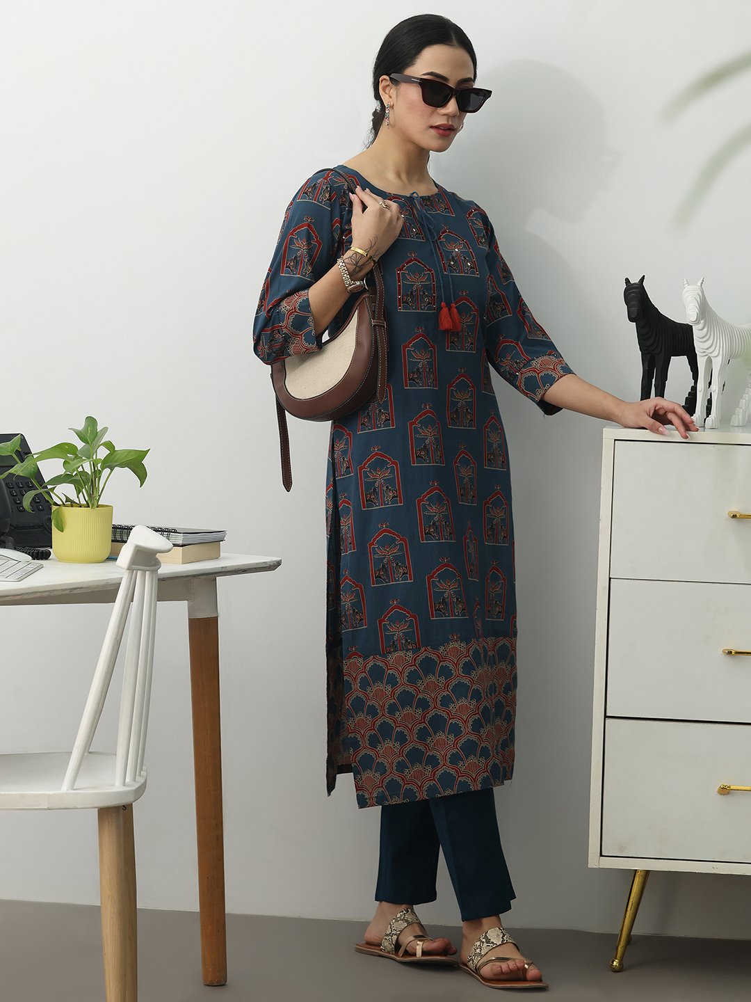 Blue Printed Cotton Blend Straight Kurta with Trousers Set