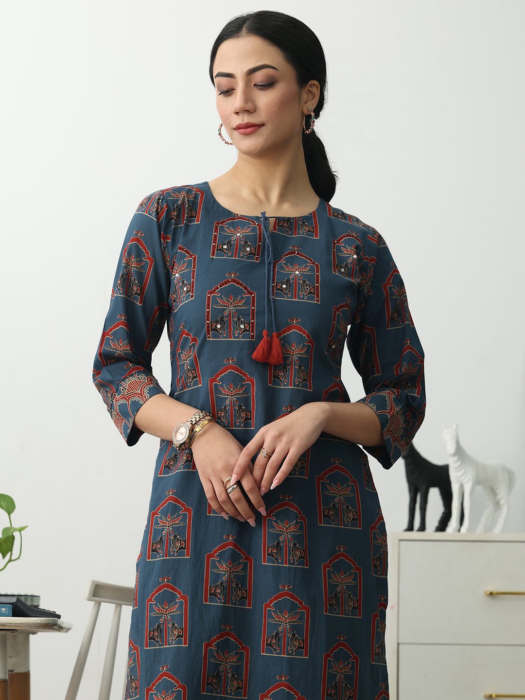 Blue Printed Cotton Blend Straight Kurta with Trousers Set