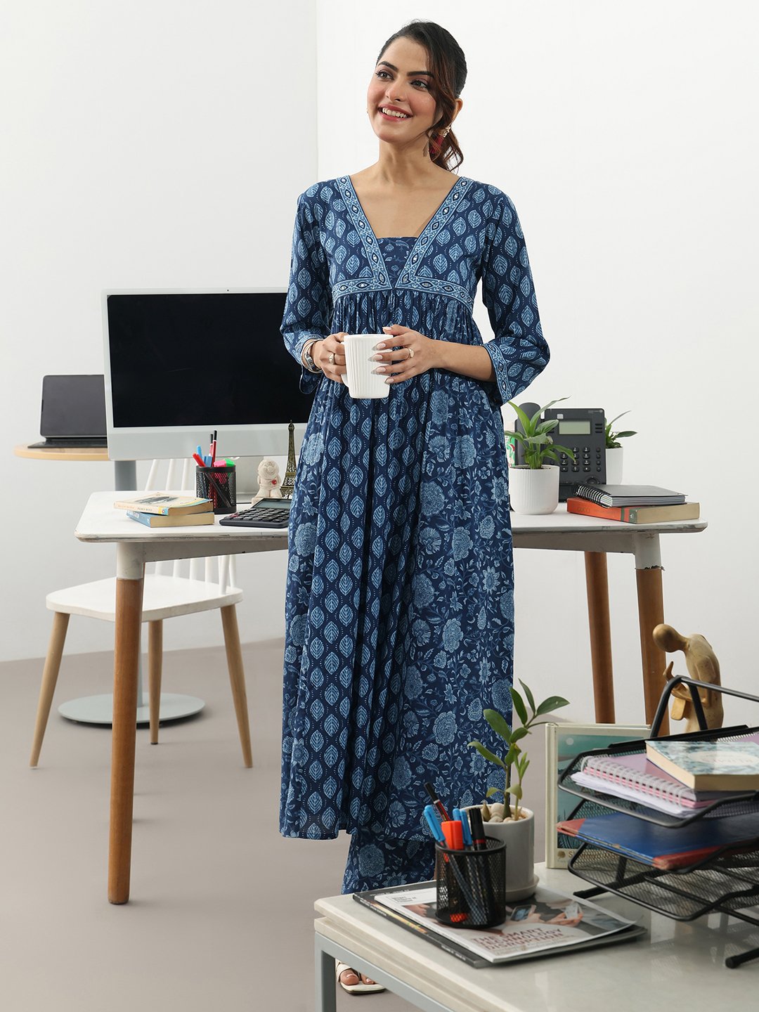 Blue Printed Cotton Blend Straight Kurta with Trousers Set