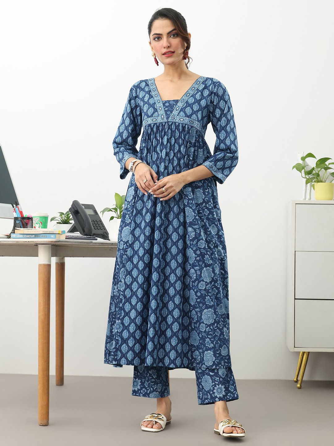 Blue Printed Cotton Blend Straight Kurta with Trousers Set