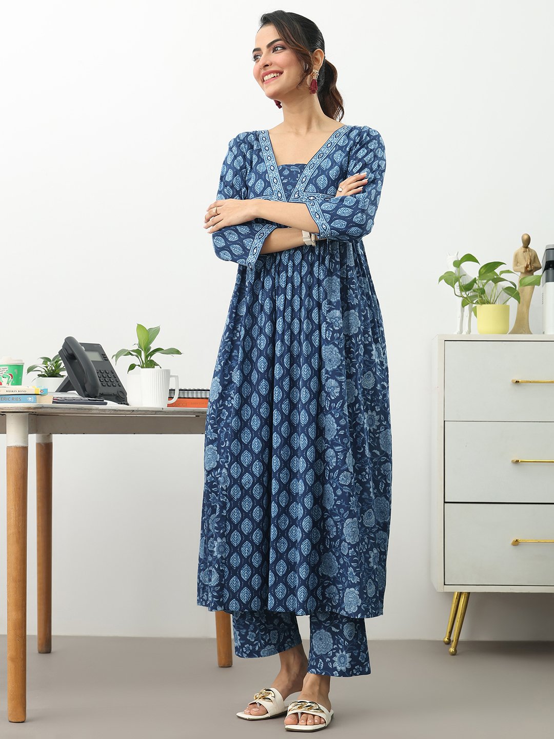 Blue Printed Cotton Blend Straight Kurta with Trousers Set