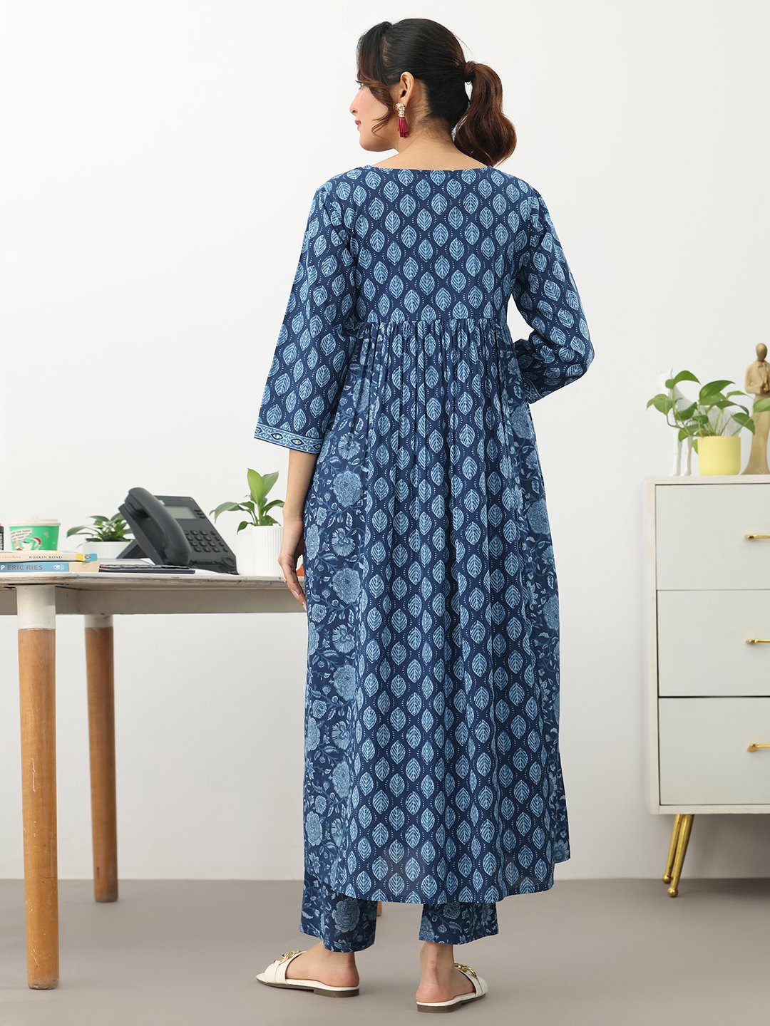 Blue Printed Cotton Blend Straight Kurta with Trousers Set