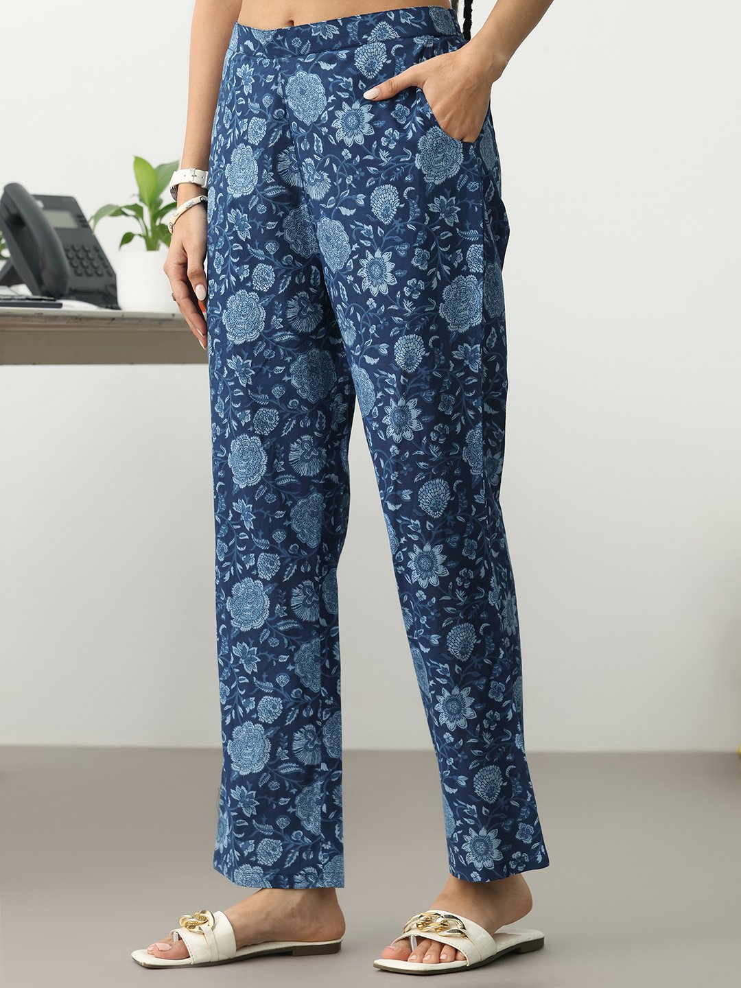 Blue Printed Cotton Blend Straight Kurta with Trousers Set